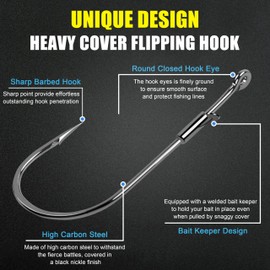 Bass Fishing Worm Hooks Heavy Cover Flipping Hooks with Bait Keeper Weedless Wacky Hooks Drop Shot Hooks Punching Pitching Bait Hooks for Plastic Lures Freshwater Saltwater 4/0 (10Pcs)