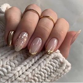 BABALAL Press on Nails Medium - Almond Fake Nails, Gold Chrome French Tip Design Bling Acrylic Nails Stiletto Nails Supplies 24pcs Diy Full Cover Thick Artificial Nails for Women