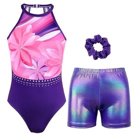 JOYSTREAM Gymnastics Leotards for Girls With Shorts Sparkly Ballet Dance Clasp Back Activewear Violet Flower,8-9Years