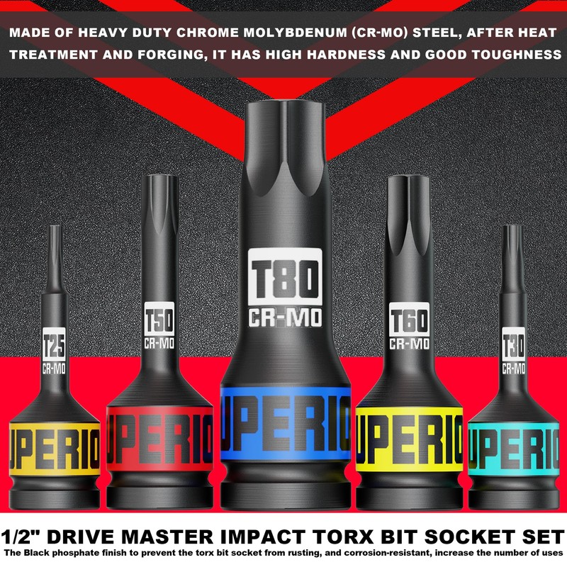 Aiourx 10 Piece 1/2" Drive Impact Torx Bit Socket Set,