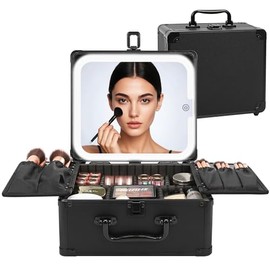 Relavel - Bolsa de maquillaje con espejo LED, estuche de maquillaje para viajes en tren con espejo iluminado recargable y divisores ajustables, organi