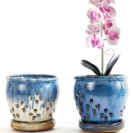 NiSevenLiving Orchid Pots with Holes Attached Saucers 4.6 Inches - 2 Pcs Small Ceramic Orchid Pots for Repotting, Decorative Ceramic Orchid Planter with Hole for Healthy Root Growth Blue Purple