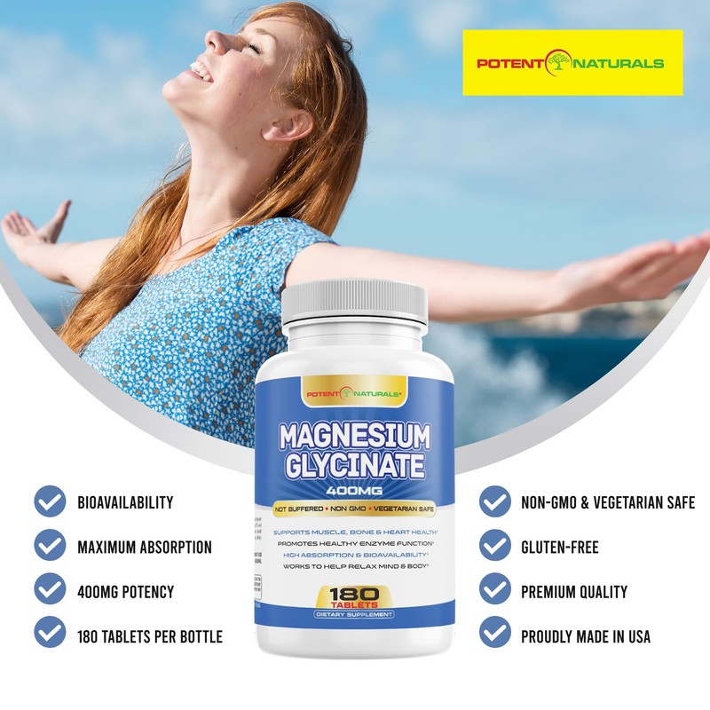 POTENT NATURALS Magnesium Glycinate 400mg 180 Tablets - Gentle Absorption