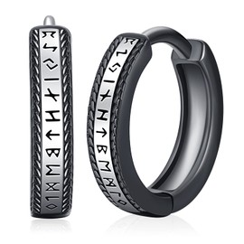 Unisex Creole Earrings Sterling Silver 925 Men's Hoop Earrings Viking Rune Earrings Folding Hoop Earrings Black Small Earrings for Women Men, Sterling Silver, No Gemstone