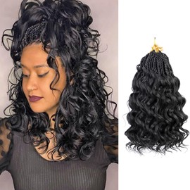 SVNMU Pre-Looped Ocean Wave Crochet Hair 10inch #1B 8 Packs Pre-Twisted French Curl Boho Braids Short Goddess Box Braids Curly Synthetic Braiding Hair Extensions for Women