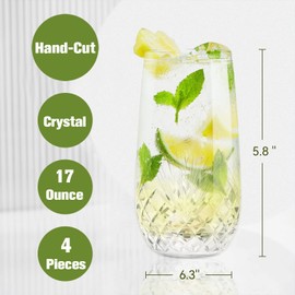 SHOSHIN Hand Cut Highball Glasses Crystal (Set of 4, 17Oz) - Elegant Water Juice Drinking Glasses, Everyday Beverage Glasses, Large Collins Glasses Perfect for Restaurant, Kitchen, Bar