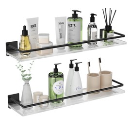 IBOFYY Acrylic Bathroom Floating Shelves - Set of 2, Wall Mounted Shelves for Suitable for Lavatory, Kitchen, Laundry Room, Farmhouse, for Item Storage/Room Decoration (Black)