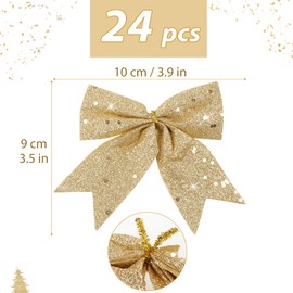 BETESSIN 24 Pcs Christmas Bows for Tree Decorations Glitter Wreaths Bows Sequin Tree Bow for Xmas Wreaths Tree Ornaments Gift Wrapping Decor（Champagne）