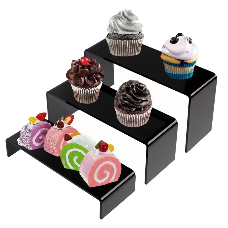 KOSKWKREO 3 Pack Black Acrylic Display Risers, Tiered Display Stand