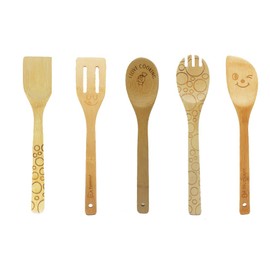 JB Home Collection 4577, Bamboo Wood Kitchen Cooking Utensil Tools 5 Piece Set of Serving Spork | Cooking Spatula | Tong and Slotted Spatula | Turner for Nonstick Cookware