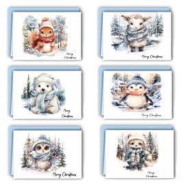 12 Christmas Cards Folding Cards with Envelopes, A6 Postcard Set, Watercolour Forest Animals Series, with Christmas Greetings, Christmas Card for Family Friends (English)