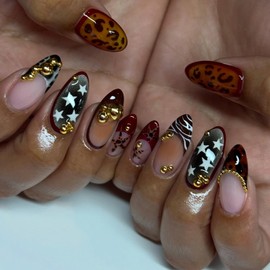 Medium Almond Press on Nails MABKJLF French Tip Fake Nails False Nails with Stars Leopard Print Designs 3D Glossy Glue on Nail Full Cover Acrylic Nail for Women Girls 24Pcs