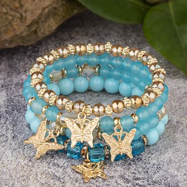 Azusa Sun 4 Pcs Cute Butterfly Charm Light Blue Bracelets Set Gold Beaded Stackable Stretch Bracelets Bohemian Summer Jewelry Gifts for Women