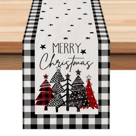 ARKENY Merry Christmas Tree Buffalo Plaid Table Runner 13x120 Inches, Winter Holiday Indoor Outdoor Table Decoration for Home