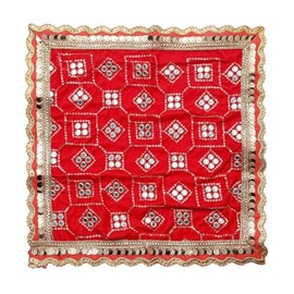 Decorative Mat Aasan Velvet Pooja Cloth Decorative Cloth Sequence Work (Size:- 14 Inches X 14 Inches) Multipurpose Pooja Indian Traditional Cultural New year Festival Decorations Item & Article(Red)