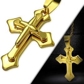 Bungsa 3D Cross Pendant Stainless Steel Gold (Cross Religion Jesus Christ Pendant Necklace Pendant Locket Amulet Charm Beads Surgical Steel Women Men Jewellery), Stainless Steel, No Gemstone