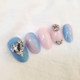 Heart Stone Pearl Gras Handmade Nail Tips - Long Square / 하트스톤 펄그라 수제네일팁 - 롱스퀘어
