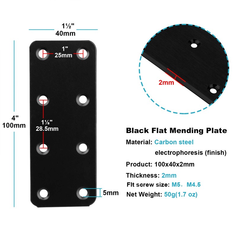 OTTFF 20 Pack 4 x 1-1/2" Black Mending Plates, Straight