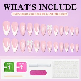 24Pcs Almond Press On Nails，Almond Shaped Press On Nails, Almond Nails Press On，White French Long Tips Fake Nails with Pearl Bow Charm Design Artificial Nails Stick on Nails For Women