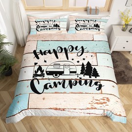Camper RV Duvet Cover Set Queen Size,Camping Travel Trailer Decor Bedding Set 3pcs for Kids Boys Girls Adults,Vintage Wooden Plank Cottage Comforter Cover,Rustic Farmhouse Quilt Cover,2 Pillowcases