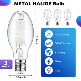 Rossesay 3 Pcs 400 Watt Lighting Metal Halide Lamp MH400/U/MOG 36000 Lumen 4000K Outdoor Light Bulb 12, 000 Hour Span Life Mogul Base (E39) ED28 High Intensity Discharge Metal Halide Bulb(175 Watt)