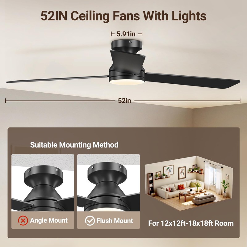 52 Inch Ceiling Fans with Lights, Remote Control, 3CCT, Dimmable&Adjustable