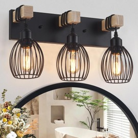 A1A9 3-Light Farmhouse Vanity Light for Bathroom, Wood Wall Sconce with Elegant Teardrop Cage, Industrial Black Vanity Lights Over Mirror for Living Room Bedroom Hallway