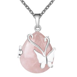 Bivei Crystal Butterfly Necklaces for Women, Rose Quartz Wire Wrap Gemstone Chakra Pendant Gifts Jewelry for Women Men