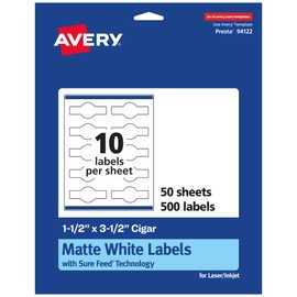 Avery Matte White Cigar Labels with Sure Feed, 1.5" x 3.5", 500 White Labels, Print-to-The-Edge, Permanent Label Adhesive, Laser/Inkjet Printable Labels