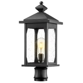 zeyu Modern Outdoor Post Light Fixture, 21 Inch Farmhouse Exterior Pole Light Pillar Lantern, Die-Cast Aluminum in Black Finish, Seeded Glass Shade, ZD99P-M BK