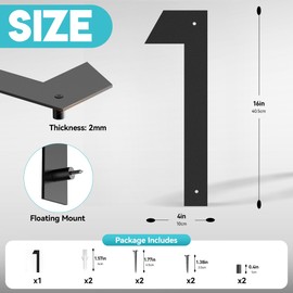 16 Inch Large Modern House Numbers for Outside, Big Address Numbers for House, Extra Large Floating House Numbers, Large Outdoor House Numbers, Matte Black Steel 16'' Address Number 1 (0123456789)
