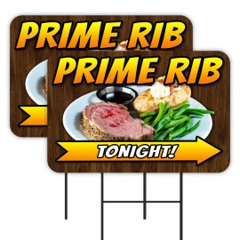 Prime Rib Tonight 2 Pack Double-Sided Yard Signs 16" x 24" with Metal Stakes (Ma