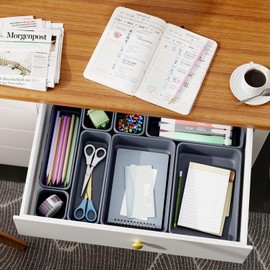 45 Pack Desk Drawer Organizer Tray, 3 Sizes Plastic Drawers Organizer Storage for Kitchen, Bathroom, Office, Vanity, Makeup, Utensils, Junk Drawer Organizer Bins, Gadget Trays for Organizing, Grey