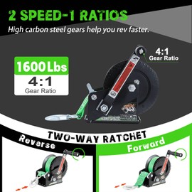 Linkloos Boat Winches for Trailers, 1600lbs Boat Winch with 33 Ft Strap Green, Heavy Duty Hand Winch with 2-Way Ratchet 4:1 Gear, Portable Trailer Winch for Boat, Truck, Jet Ski, ATV, RV
