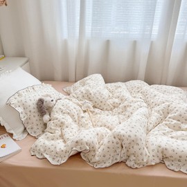 AOJIM Muslin Baby Kids Duvet Cover with Ruffled Edges for Boys Girls, 1 Piece Pure Cotton Toddler Comforter Cover 59X79'', Rose Pattern Kids Bedding 2-Layer Gauze, No Quilt or Pillowcases