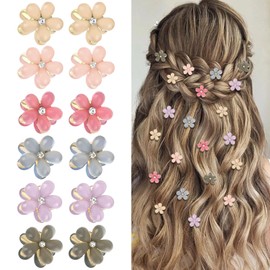 YISSION 12 Pcs Mini Flower Hair Clips with Rhinestone Small Flower Claw Clips for Girls Women Floral Hair Pins Cute Hair Barrettes Colorful Hair Accessories for Girls Women (6 Colors)