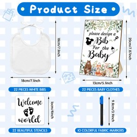 Newwiee 55 Pcs DIY Baby Bibs Set Includes 22 White Feeder Bibs 22 Stencils 10 Fabric Markers 1 Wooden Baby Shower Game Sign (Woodland Animal)