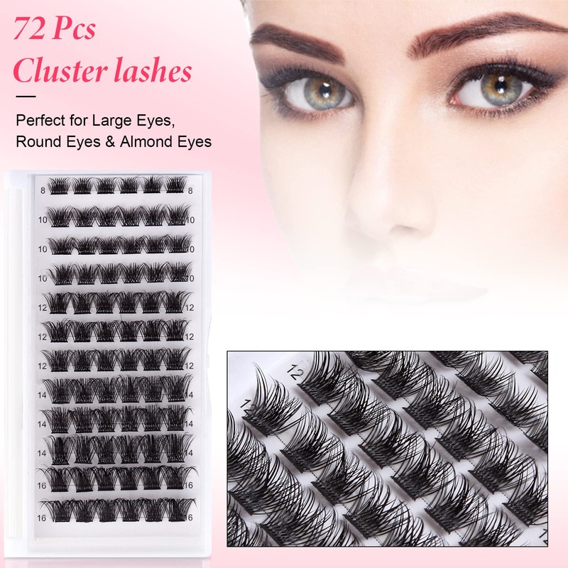 Lashes Cluster 72 Pcs Individual Lashes D Curl 8-16 mm
