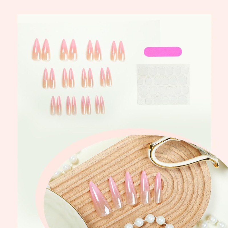 Chrome Pink Press on Stiletto Gradient Glossy Acrylic Aurora Full