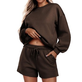 PINSPARK Short Sets for Women 2 Piece Outfits Airport Hoodies Sweatsuit Casual Sweat Shorts Fall Fashion 2024, Coffee Medium