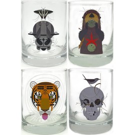 Charley Harper Wild Life I Double Old-Fashioned DOF Set of 4 Assorted Glasses: Cool Carnivore, Otterly Delicious, Raccrobat, and Wrented
