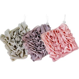 3 Pack 2 in 1 Washcloth Loofah Combo – Soap Bar Holder & Exfoliating Bath Sponge with Drawstring, Dual-Sided Loofah Washcloth for Deep Cleansing & Smooth Skin (Khaki, Brown, Pink)