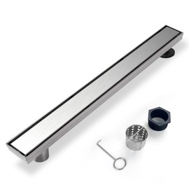 Elefloom Offset Linear Shower Drain, Shower Drain 48 inch with 2-in-1 Tile Insert Cover, Brushed AISI 304 Stainless Steel Side Outlet Shower Floor Drain with Hair Catcher and Adjustable Feet