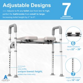 Raised Toilet Seat With handles Adjustable Width & Height, Toilet Seat Risers for Seniors, Adult, Pregnant, Fit Any Toilet, UP to 400lb, Dark Grey
