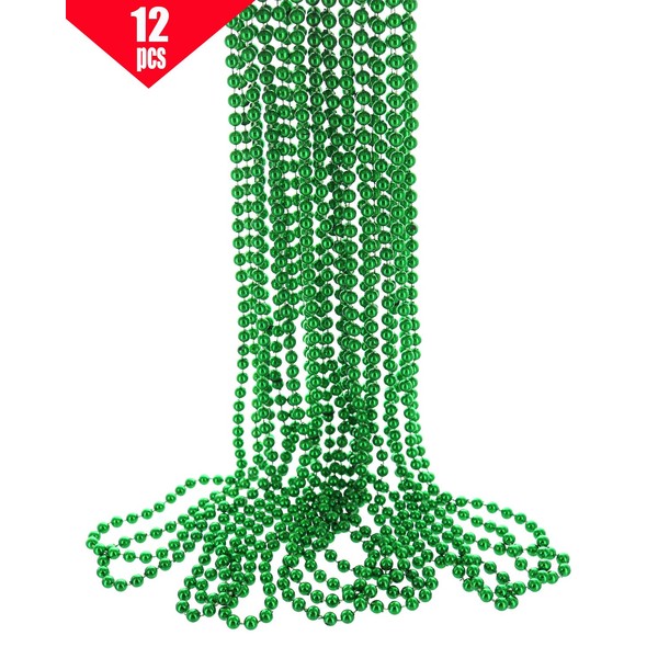 GIFTEXPRESS 33" 7mm Metallic Green Beaded Necklaces, Bulk Mardi Gras Party Beads Necklaces, Holiday Beaded Costume Necklace for Party (Green, 12 Pack)
