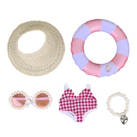 Tikapo Doll Clothes Swimsuit Set | 5-Piece: Straw Hat, Pearl Sunglasses, Red Plaid Swimming Suit, Pearl Necklace & Swim Ring for 14-17cm Labooboo (No Doll)