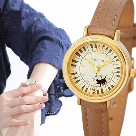 Women's Watch [Cat Walking Piano] Black Cat Cute Mocha, brown (mocha), Classic
