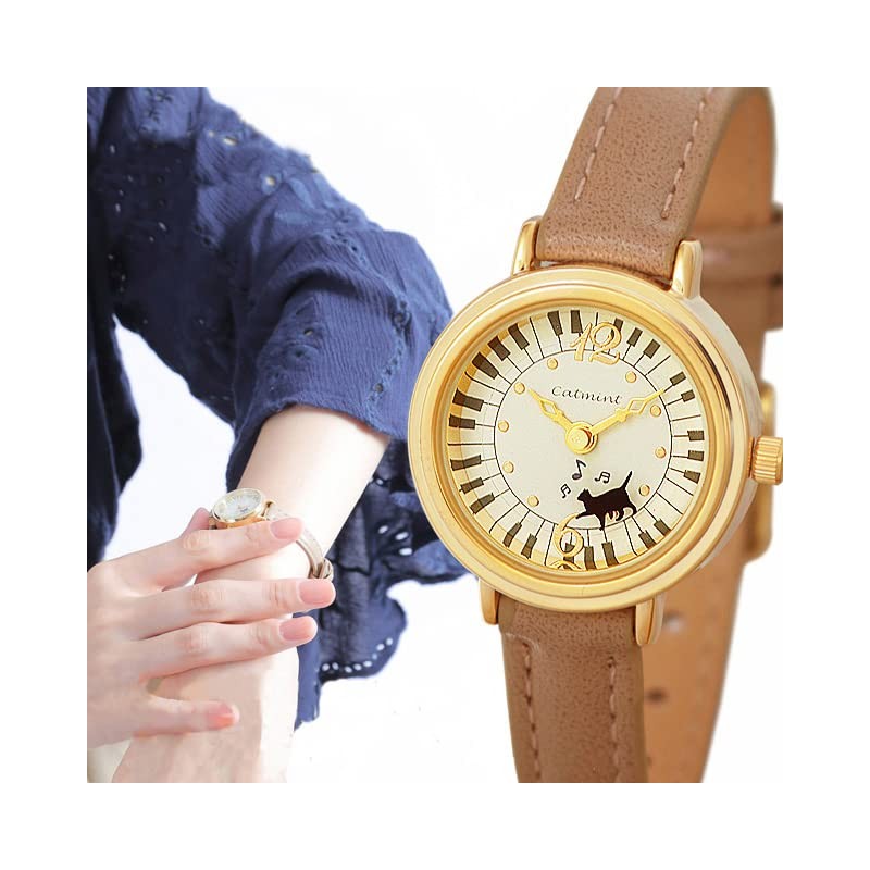 Women's Watch [Cat Walking Piano] Black Cat Cute Mocha, brown