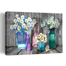 Retro Bathroom Wall Decor White Daisy Flower Vase Blossom Retro Floral Painting for Home Decoration Vintage Canvas Wall Art Pictures Print Artwork