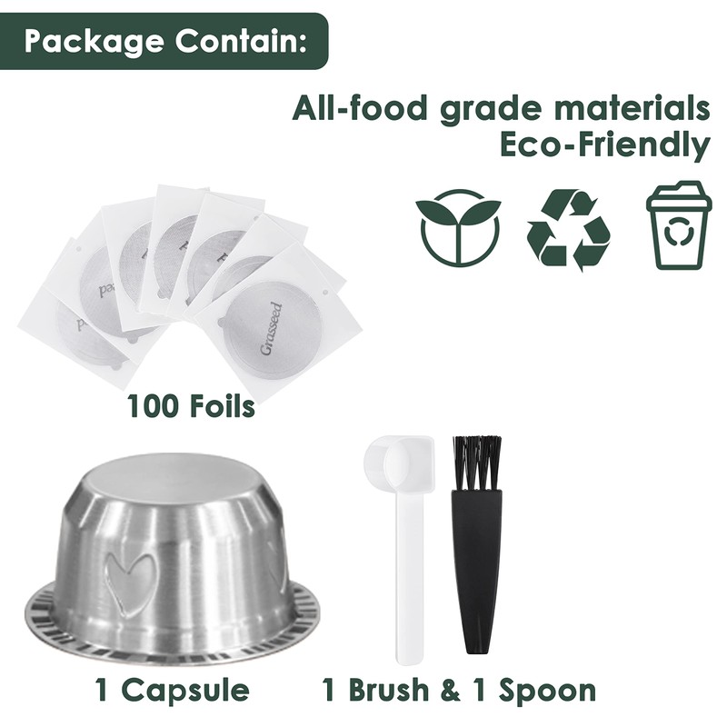Grasseed Refillable Vertuo Capsule, Reusable Stainless Steel Vertuo Pod Kit